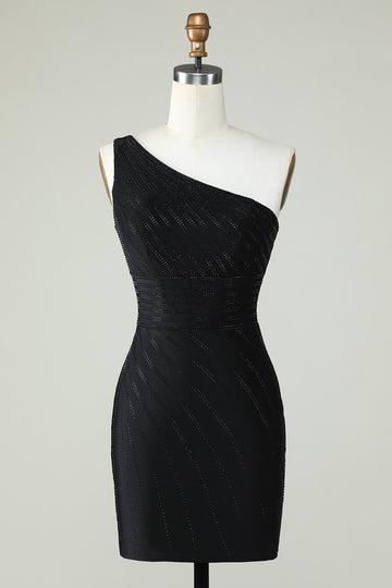 Sheath One Shoulder Black Short Cocktail Dress with Beading